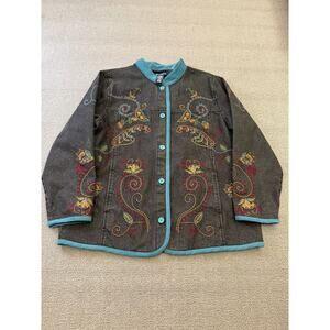 DENIM&CO Women's Large Charcoal Embroidered Denim Jacket‎